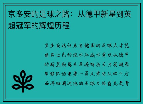 京多安的足球之路：从德甲新星到英超冠军的辉煌历程